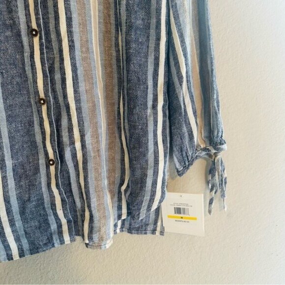 Ellen Tracy Womens Linen Blend Blue Striped 3/4 Sleeve Button Front Blouse Sz M - Picture 4 of 8